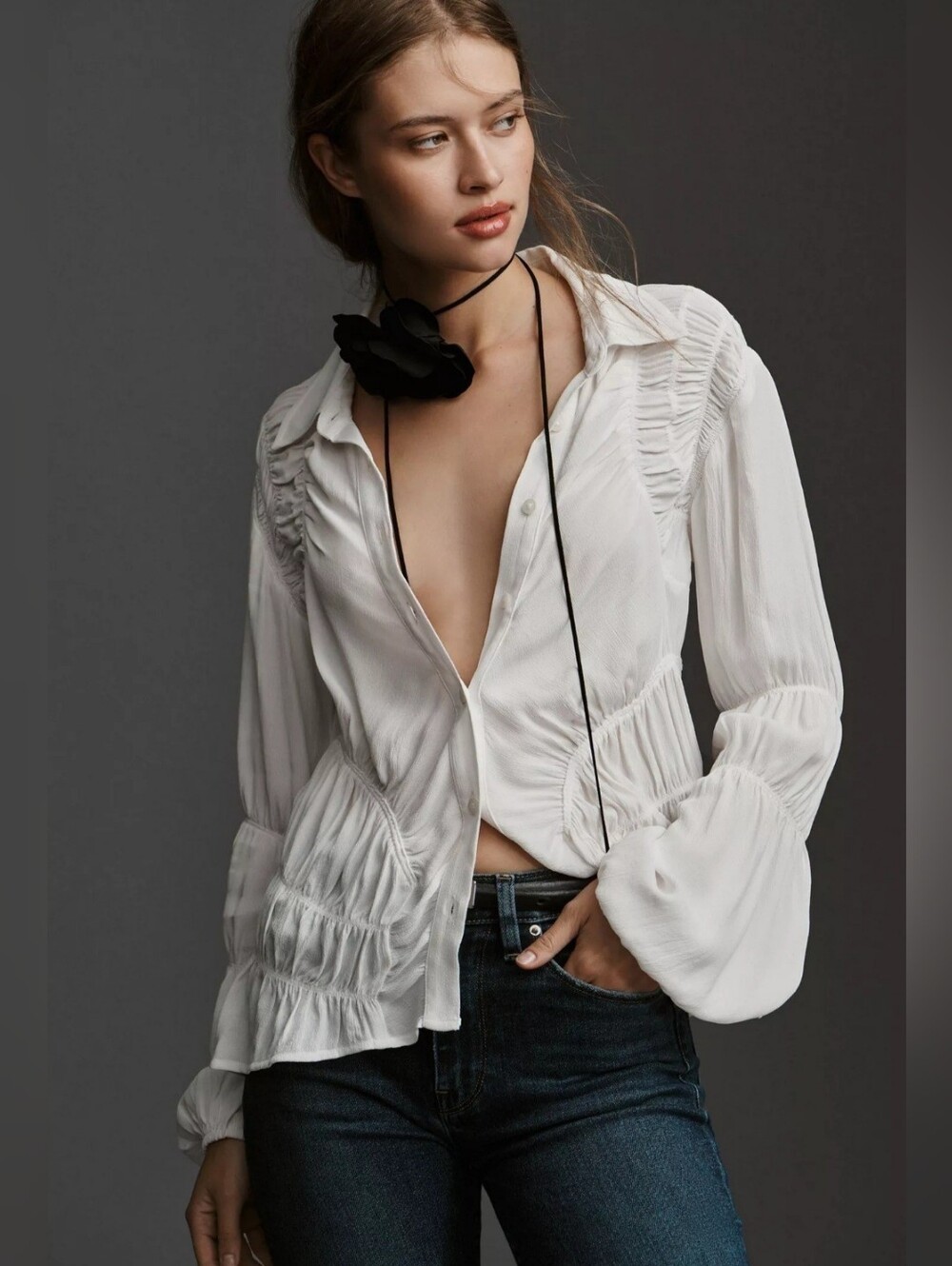 Anthropologie Long Sleeve Shirred Button-Down Blouse- Off White